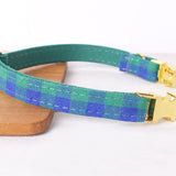 Personalized Cat Collar with Name Engraved Bright Gold Buckle Green Plaid