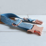 Personalized Dog Collar Set Engraved Rose Gold Buckle Blue Tweed