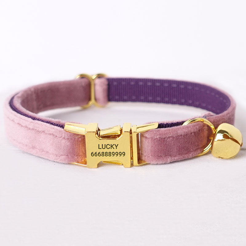PETDURO Personalized Cat Collar with Bow Tie Gold Buckle Pink Velvet