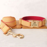 Personalized Dog Collar Set Engraved Gold Buckle Red Yellow Plaid