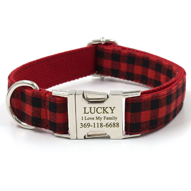 PETDURO Personalized Dog Collar Set Metal Buckle Red Black Plaid