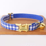 Personalized Cat Collar Bow Tie Set Engraved Bright Gold Buckle Blue Plaid