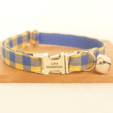 Personalized Cat Collar with Name Engraved Gold Buckle Blue Yellow Plaid