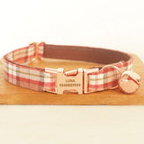 Personalized Cat Collar with Name Engraved Rose Gold Buckle Orange Plaid