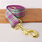 Personalized Dog Collar Set Engraved Bright Gold Buckle Mint Purple Plaid