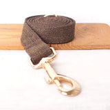 Personalized Dog Collar Set Engraved Gold Buckle Dark Brown Tweed