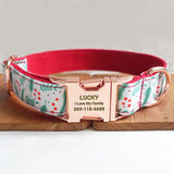 Personalized Dog Collar Set Engraved Rose Gold Metal Buckle Christmas Green Leaf