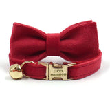 Personalized Cat Collar Set Engraved Gold Buckle Red Velvet