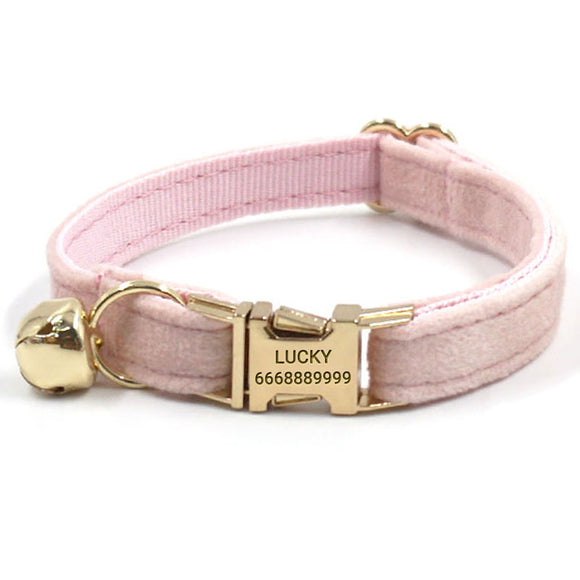 Personalized Cat Collar Set Engraved Gold Buckle Pink Velvet