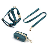 Personalized Dog Harness Engraved Gold Buckle Gem Green with Matching Parts