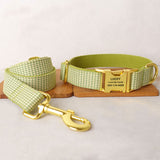 Personalized Dog Collar Set Engraved Bright Gold Buckle Olive Plaid