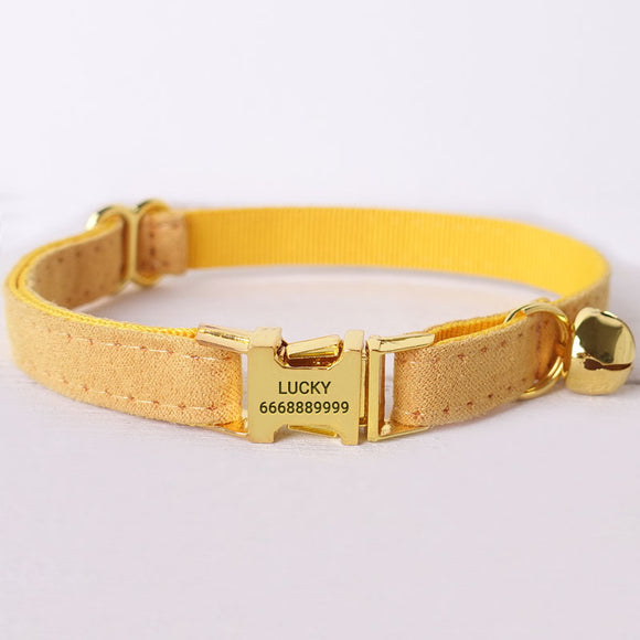 Personalized Cat Collar with Bell Engraved Bright Gold Buckle Yellow Velvet