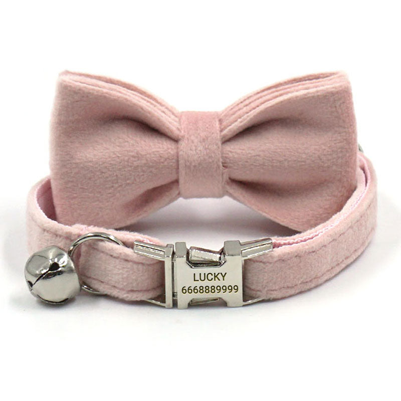 PETDURO Personalized Cat Collar Bow Tie Rose Gold Buckle Pink Velvet