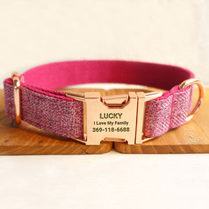 Personalized Dog Collar Set Engraved Rose Gold Buckle Pink Tweed