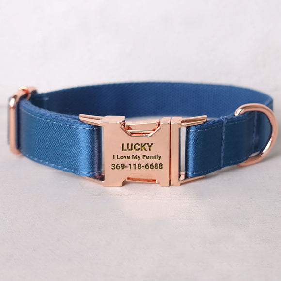 Personalized Dog Collar Set Engraved Rose Gold Buckle Ocean Blue Sating