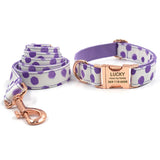 Personalized Dog Collar Set Engraved Rose Gold Metal Buckle Purple Spot Print