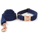 Custom Dog Collar with Leash Bow Tie Poop Bag Holder Velvet Rose Gold Buckle Dark Blue