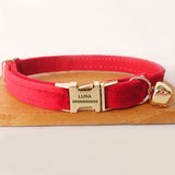 Personalized Cat Collar with Bow Tie Engraved Gold Buckle Red Thick Velvet
