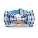 Personalized Dog Collar Engraved with Leash Bow Tie Set Gold Buckle Blue Stripe
