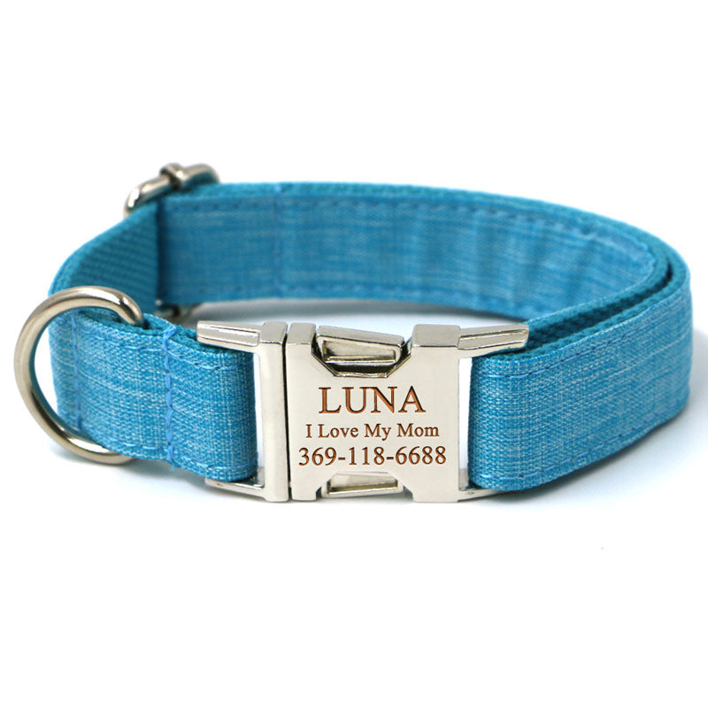 PETDURO Custom Dog Collar Engraved with Leash Set Blue Stripe Gold Metal  Buckle