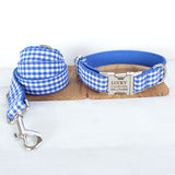 Custom Dog Collar with Matching Leash Bow Tie Blue Plaid Engraved Metal Buckle