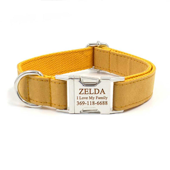 Custom Cute Dog Collar with Name Engraved Silver Metal Buckle - Yellow Velvet