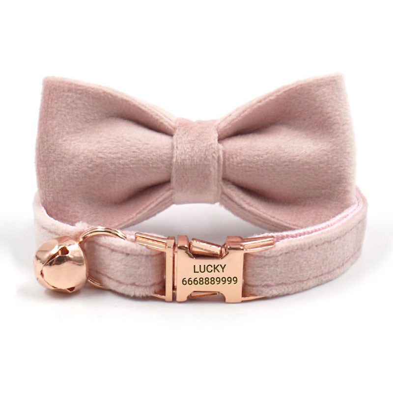 PETDURO Personalized Cat Collar Bow Tie Rose Gold Buckle Pink Velvet