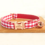 Personalized Cat Collar with Name Engraved Cute Rose Gold Metal Buckle Red Plaid