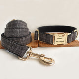 Personalized Dog Collar Set Engraved Gold Buckle Black Tweed