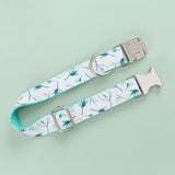 Personalized Dog Collar with Name Engraved & Quick Release Metal Buckle Cyan Leaf