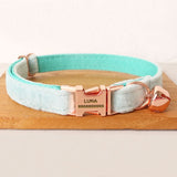 Personalized Cat Collar Engraved Rose Gold Buckle Mint Blue Thick Velvet