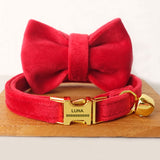 Personalized Cat Collar with Bell Engraved Bright Gold Buckle Red Thick Velvet