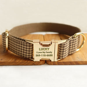 Personalized Dog Collar Set Engraved Gold Buckle Brown Plaid