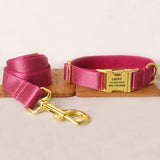 Personalized Dog Collar Set Engraved Bright Gold Metal Buckle Red Sating