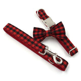 Personalized Dog Collar Set Engraved Metal Buckle Red Black Plaid Christmas