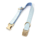 Personalized Dog Collar Set Engraved Gold Metal Buckle Sky Blue Velvet