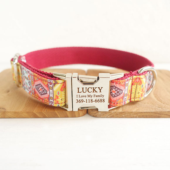 Personalized Dog Collar Set with Name Engraved Metal Buckle Red Bohemian