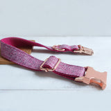 Personalized Dog Collar Set Engraved Rose Gold Buckle Pink Tweed