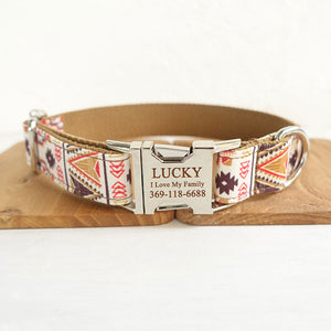 Custom Dog Collar with Name Engraved Metal Buckle Brown Ethnic