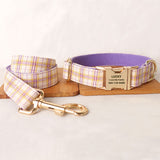 Personalized Dog Collar Set Engraved Gold Buckle Purple Plaid