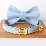 Personalized Cat Collar Engraved Bright Gold Buckle Sky Blue Velvet