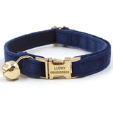Personalized Cat Collar Set Engraved Gold Buckle Dark Blue Velvet