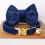 Personalized Cat Collar Engraved Bright Gold Buckle Dark Blue Thick Velvet
