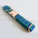 Personalized Dog Collar Set Engraved Rose Gold Buckle Green Plaid