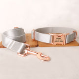 Personalized Dog Collar Set  Engraved Rose Gold Buckle Grey Sating