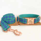 Personalized Dog Collar Set Engraved Rose Gold Buckle Green Plaid