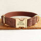 Personalized Dog Collar Set Engraved Gold Buckle Brown Tweed