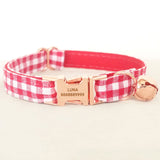 Personalized Cat Collar with Name Engraved Cute Rose Gold Metal Buckle Red Plaid