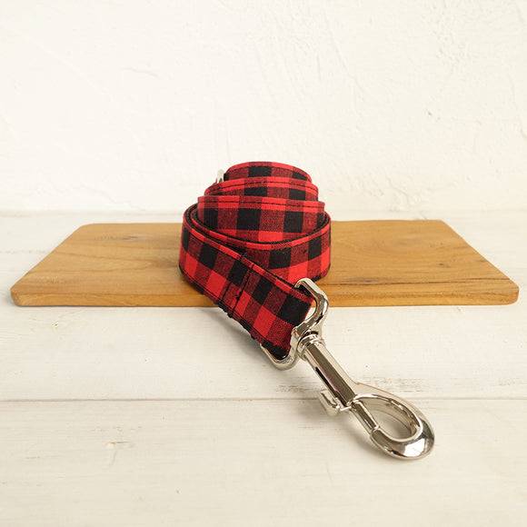 Modern Dog Leash 4ft Cotton Fabric Square Plaid for Large Small Dogs Puppies - Red Black