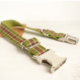 Personalized Dog Collar Metal Engraved Green Plaid Canvas Woven Cotton